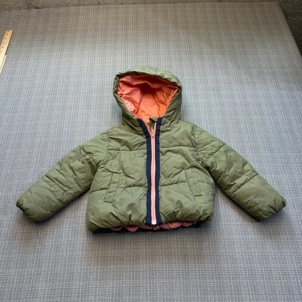 Gymboree Go Outside Puffer Jacket Kids XXS 3 Olive Green Hooded Peach Lining
